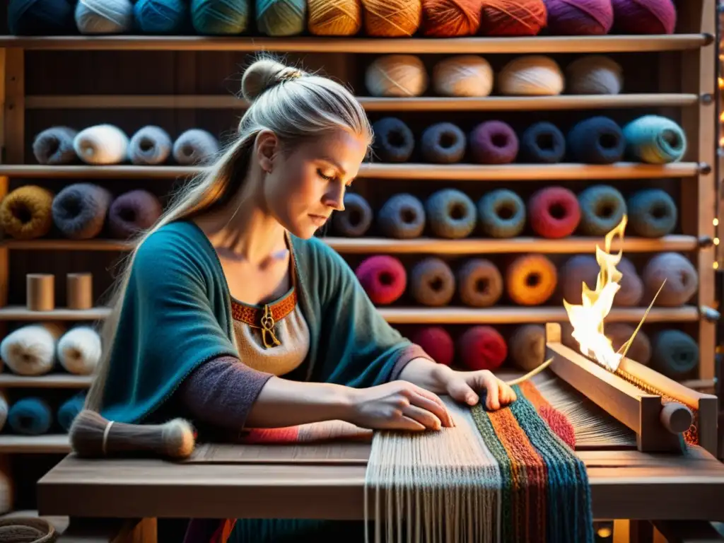 Una vikinga tejiendo una elaborada tapicería con lana de colores en un ambiente cálido y acogedor