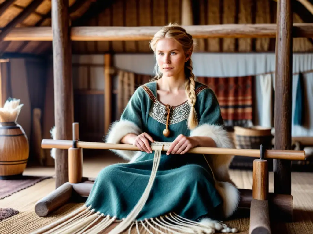 Una vikinga tejiendo con fibras naturales en su telar, rodeada de una cálida cabaña vikinga