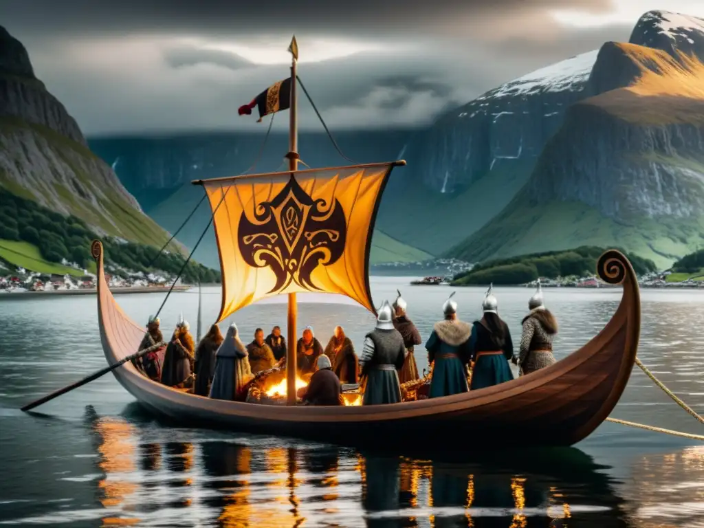 Procesión vikinga en un fiordo con barco funerario en llamas