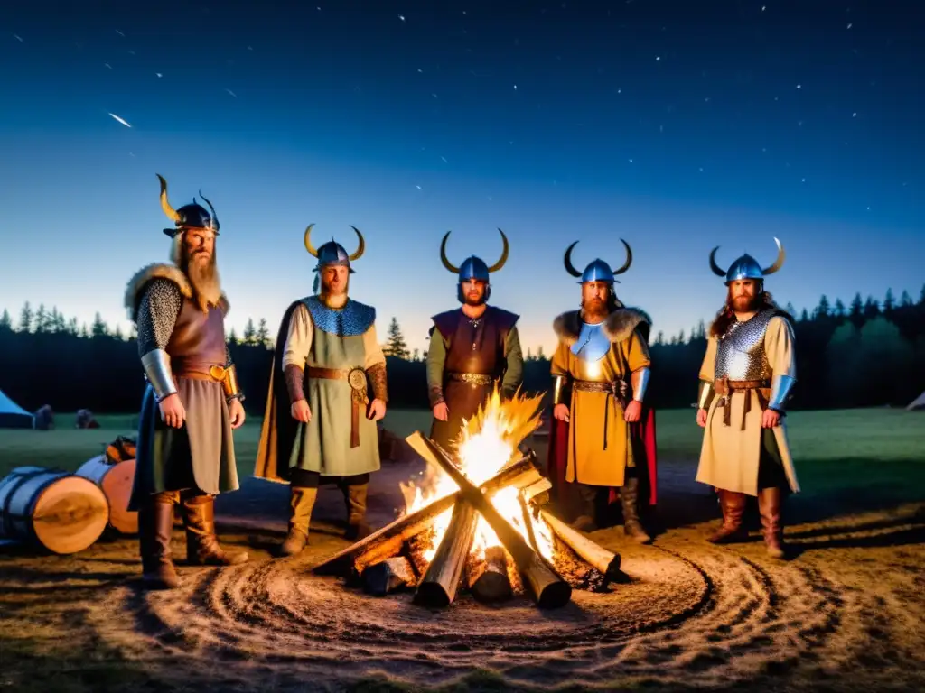 Recreación vikinga alrededor del fuego con storytelling intenso bajo las estrellas