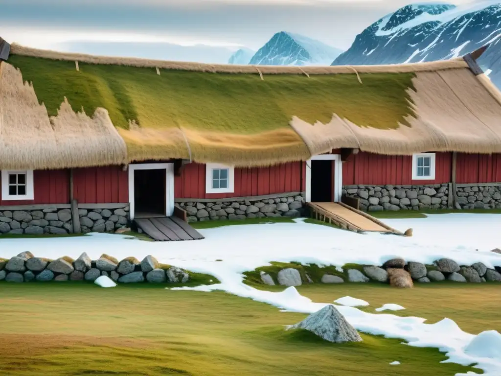 Colonización vikinga en Groenlandia: Detallada imagen de un asentamiento vikingo con paisaje nevado, hombres y mujeres en actividades cotidianas