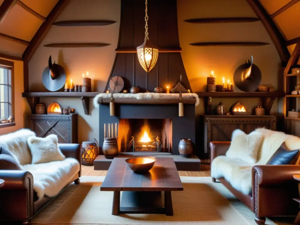 Decoración vikinga para hogares: Sala acogedora con detalles nórdicos, mesa de madera tallada, pieles y chimenea temática