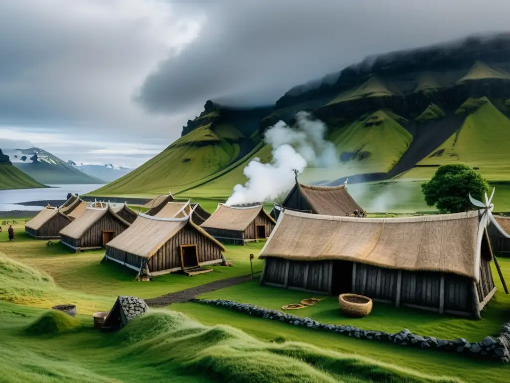 Colonización vikinga en Islandia: Imagen detallada de un asentamiento vikingo con actividades diarias y paisaje impresionante