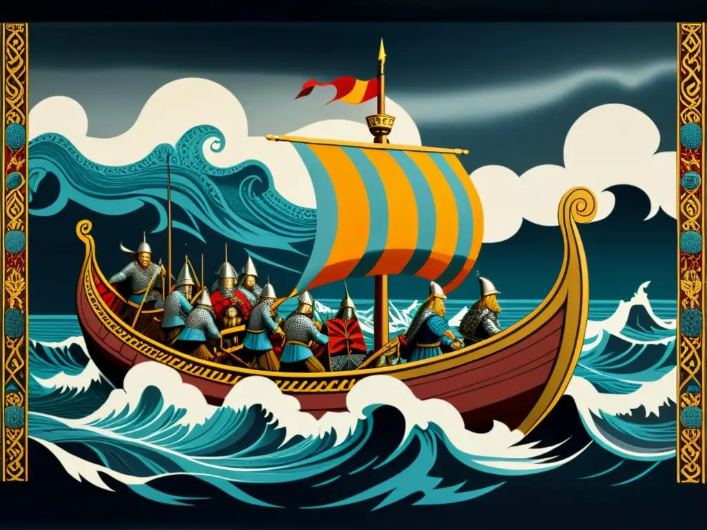 Inspiración náutica vikinga en diseño interior: Tapiz vikingo detallado con batalla en el mar bajo cielos tormentosos