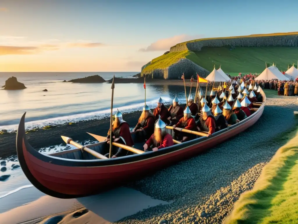 Tradición vikinga en Isla de Man: Festival anual con vikingos en vestimenta tradicional celebrando en la playa al atardecer