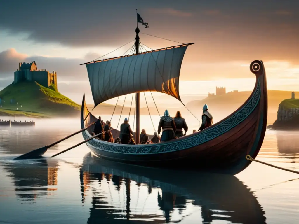 Incursión vikinga en Lindisfarne: gloria y saqueo reflejadas en la determinación de los guerreros nórdicos al llegar a la costa al amanecer