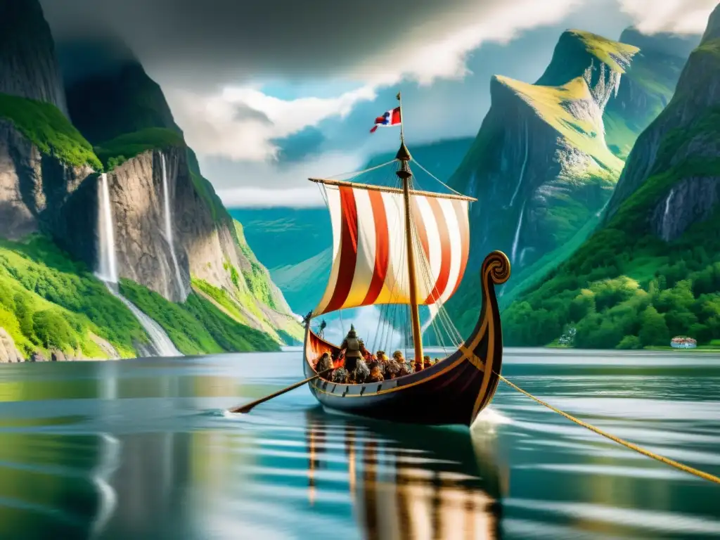 Expedición vikinga en Noruega: un drakkar surca majestuoso un fiordo noruego entre imponentes acantilados y verdes bosques