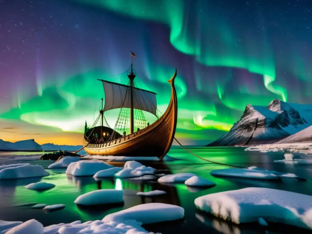 Expedición vikinga a América del Norte: Longship navegando bajo la aurora boreal y estrellas, con guerreros nórdicos y costa rocosa al fondo