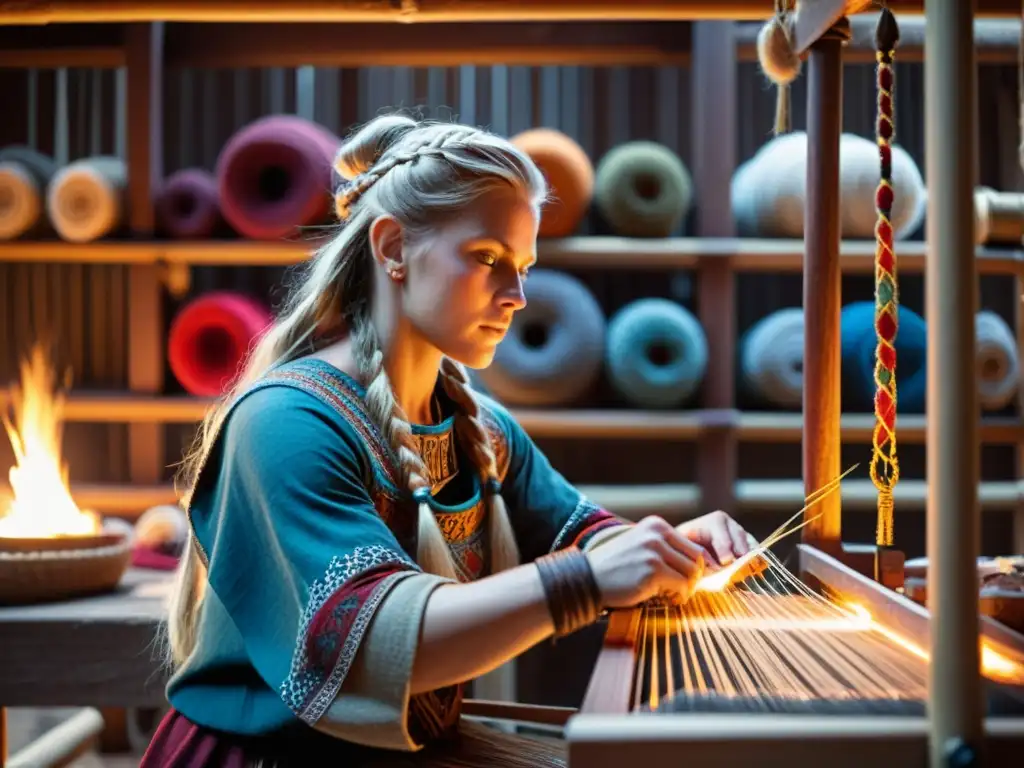 Una vikinga tejiendo patrones complejos en su telar, rodeada de hilos y textiles, en una casa vikinga iluminada tenue