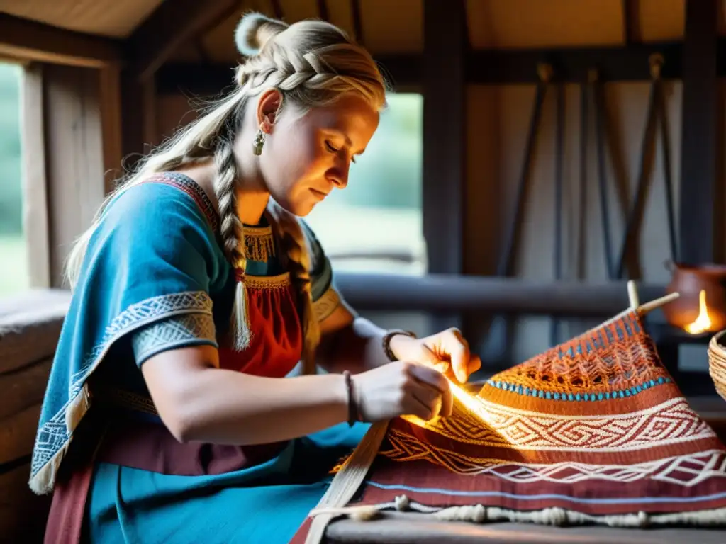 Una vikinga tejiendo patrones en un túnica colorida con tintes naturales, en una habitación iluminada