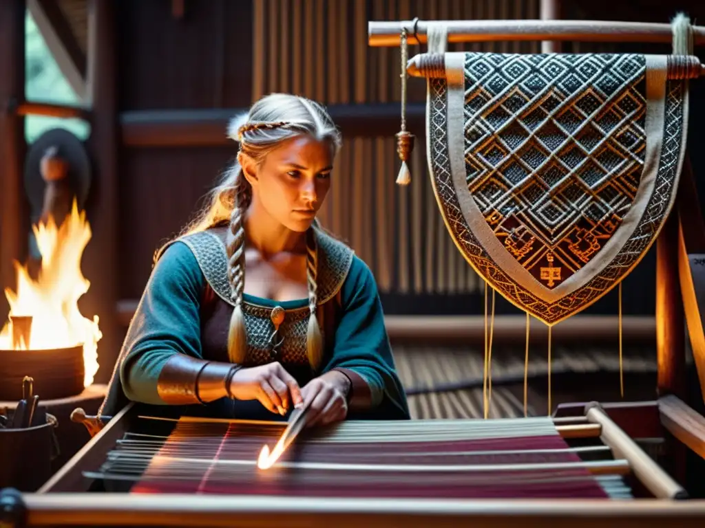 Una vikinga tejiendo en telar, rodeada de artefactos y personas, reflejando la confección en la Era Vikinga