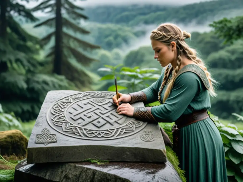 Una vikinga tallando runas en una piedra, resaltando el rol femenino en escritura rúnica vikinga