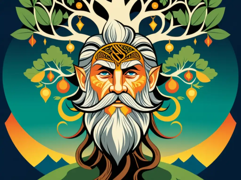 Odin recibe hidromiel poesía vikinga de Suttungr en Yggdrasil, en vibrantes colores y patrones mágicos