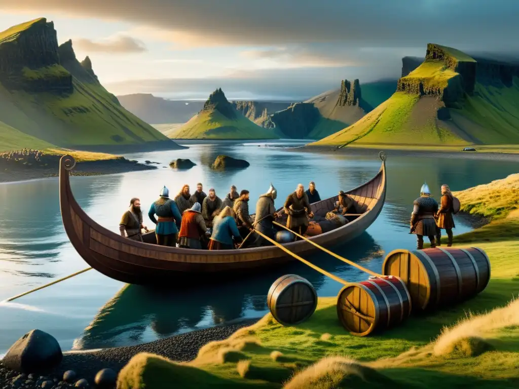 Colonización vikinga en Islandia: Vikingos desembarcan en sus drakkars en la costa islandesa, listos para establecer su asentamiento