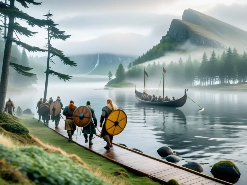 Colonización vikinga en América: Vikingos desembarcan en Vinland en una mañana brumosa, listos para establecer su asentamiento