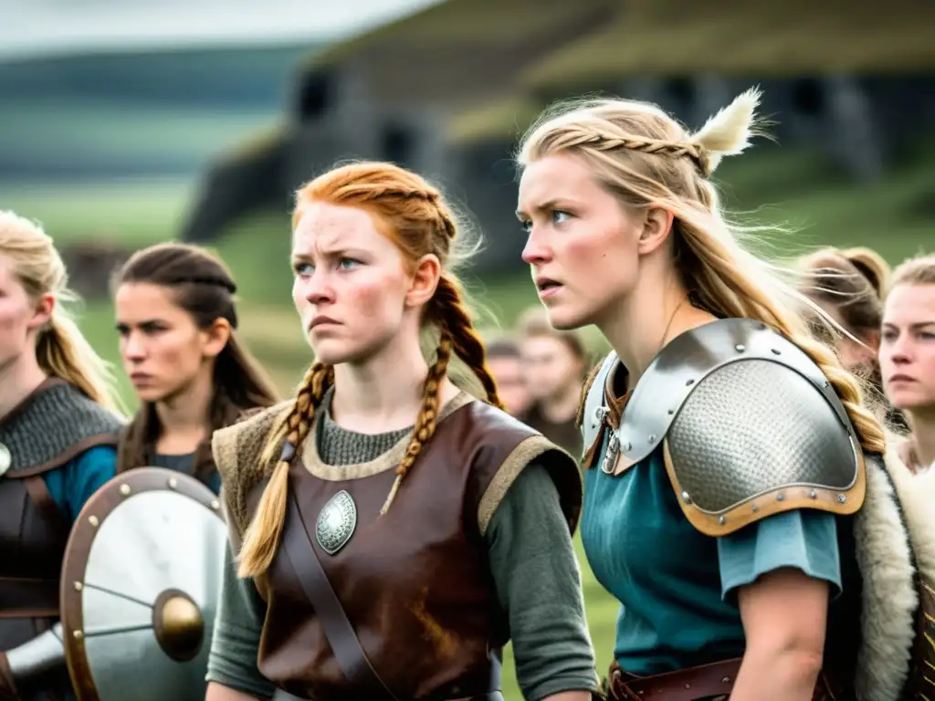 Formación de niñas vikingas aprendiendo a combatir con una experimentada shieldmaiden en paisaje nórdico