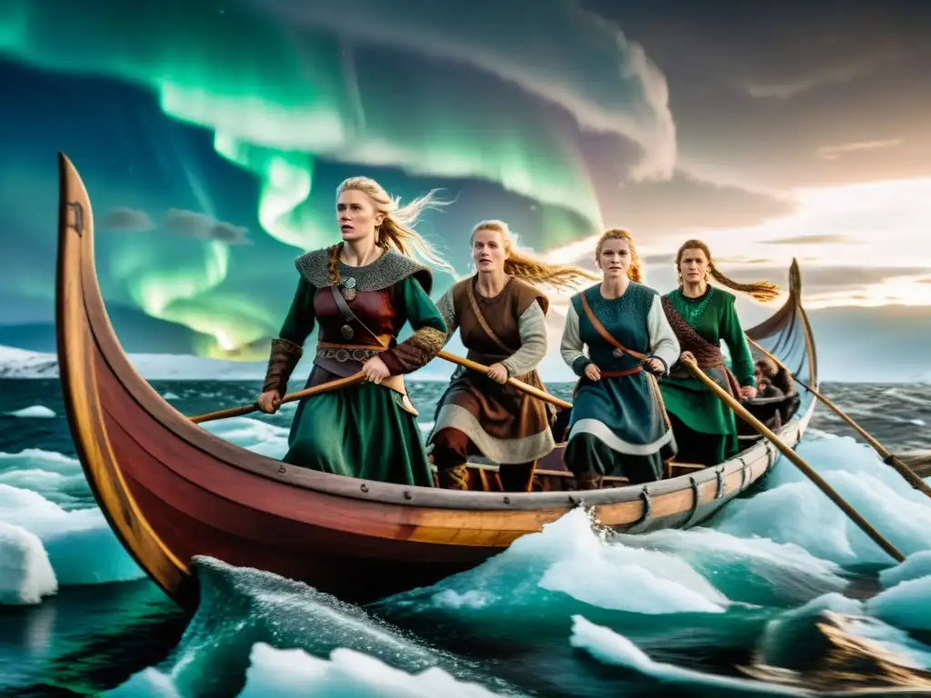 Vikingas poderosas en un drakkar bajo auroras boreales