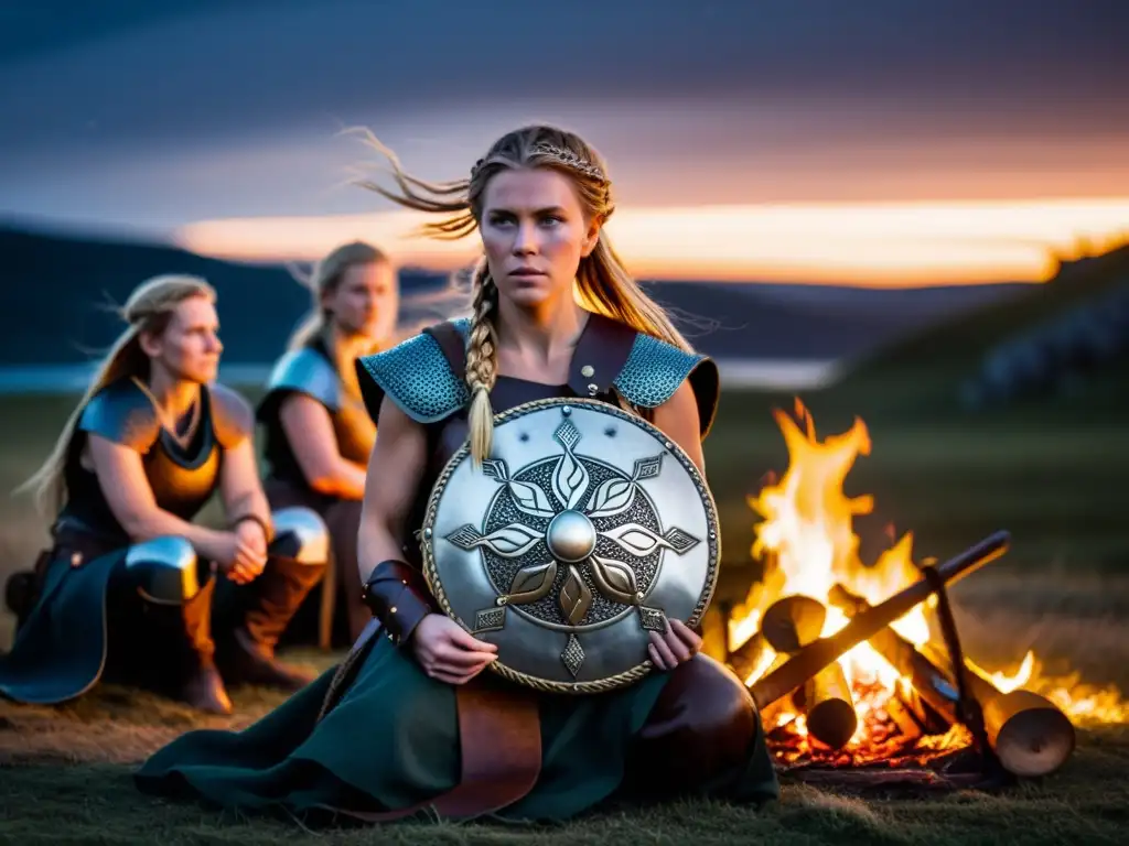 Vikingas Skjaldmö reunidas alrededor de una fogata en la noche estrellada, preparando armas y compartiendo historias de valor en paisaje nórdico