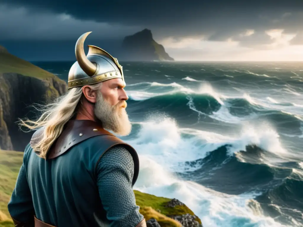 Odin, dios vikingo, en acantilado con barco y mar tormentoso