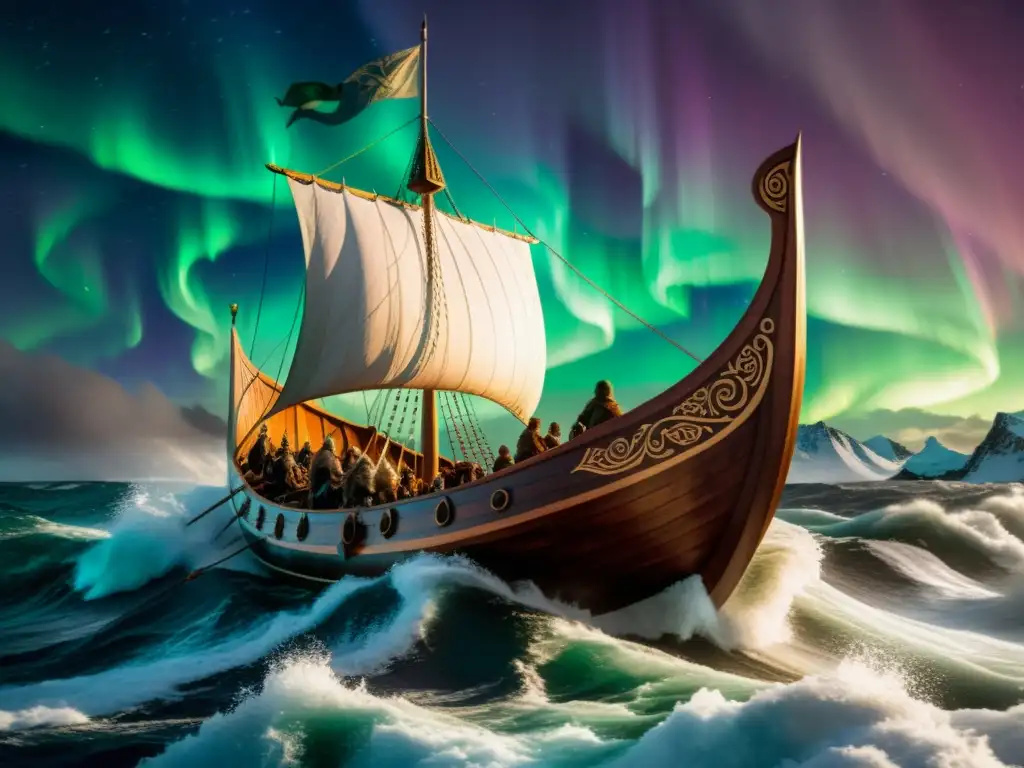 Un drakkar vikingo surca aguas turbulentas bajo una aurora boreal brillante, simbolizando el Matrimonio de las Aguas Vikingas