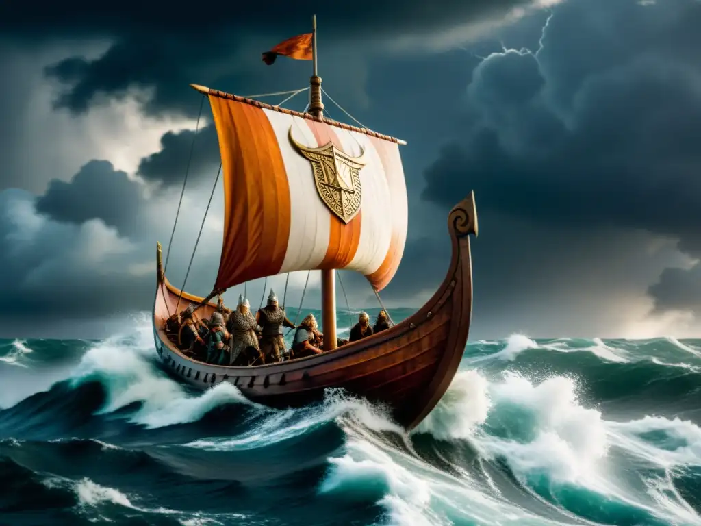 Épica travesía de drakkar vikingo entre dioses nórdicos Vikingo surca aguas turbulentas bajo un cielo tormentoso con dioses nórdicos, evocando la epopeya de la 'Reseña Edda Poética vikinga'