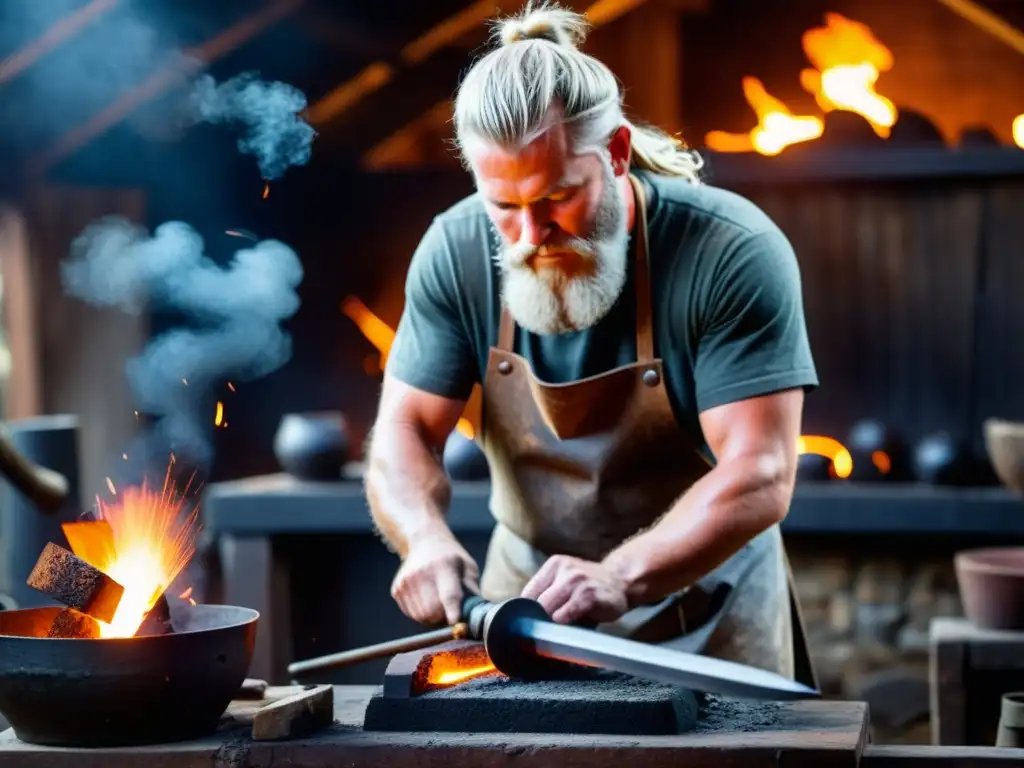 Un hábil herrero vikingo forja una antigua arma con herramientas tradicionales en una fragua ardiente