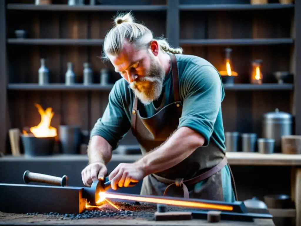 Un hábil herrero vikingo forja un arma de hierro en un taller oscuro, rodeado de herramientas de metalurgia