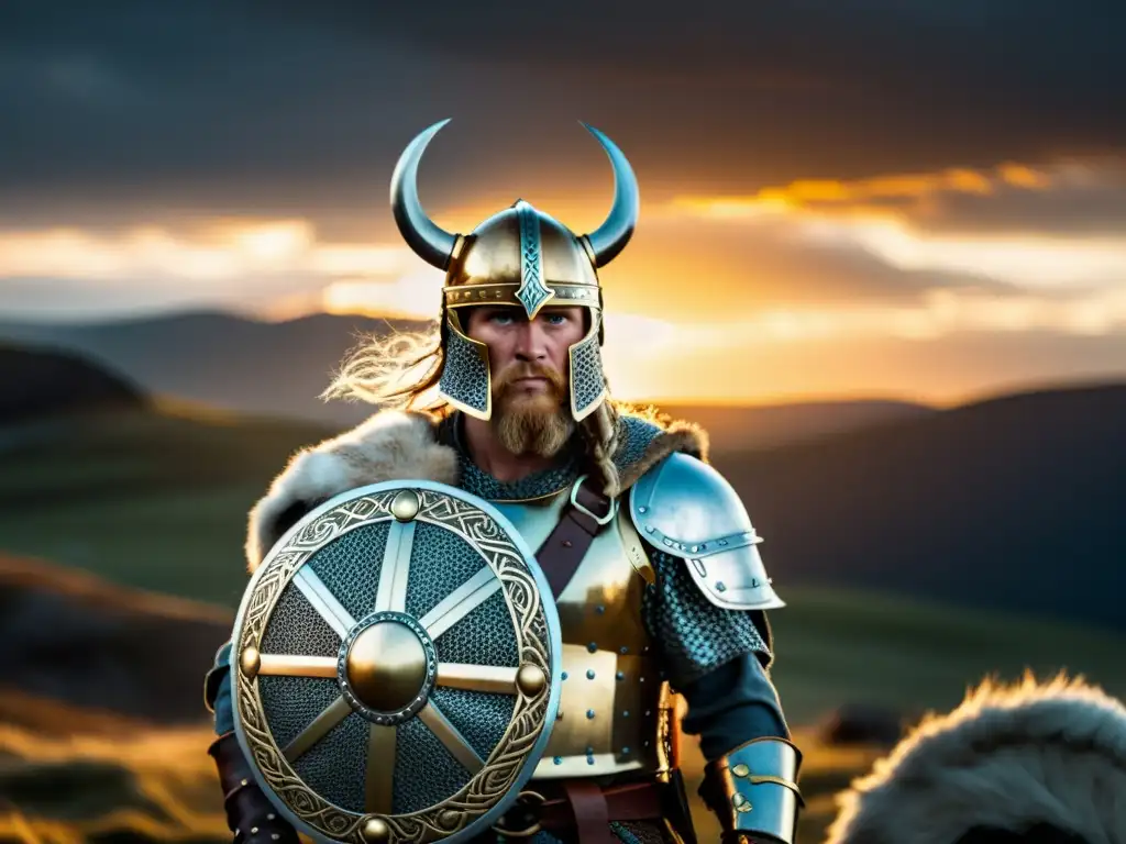 Vikingo en armadura de batalla, con casco de cuernos y escudo decorado, bajo un cielo dramático