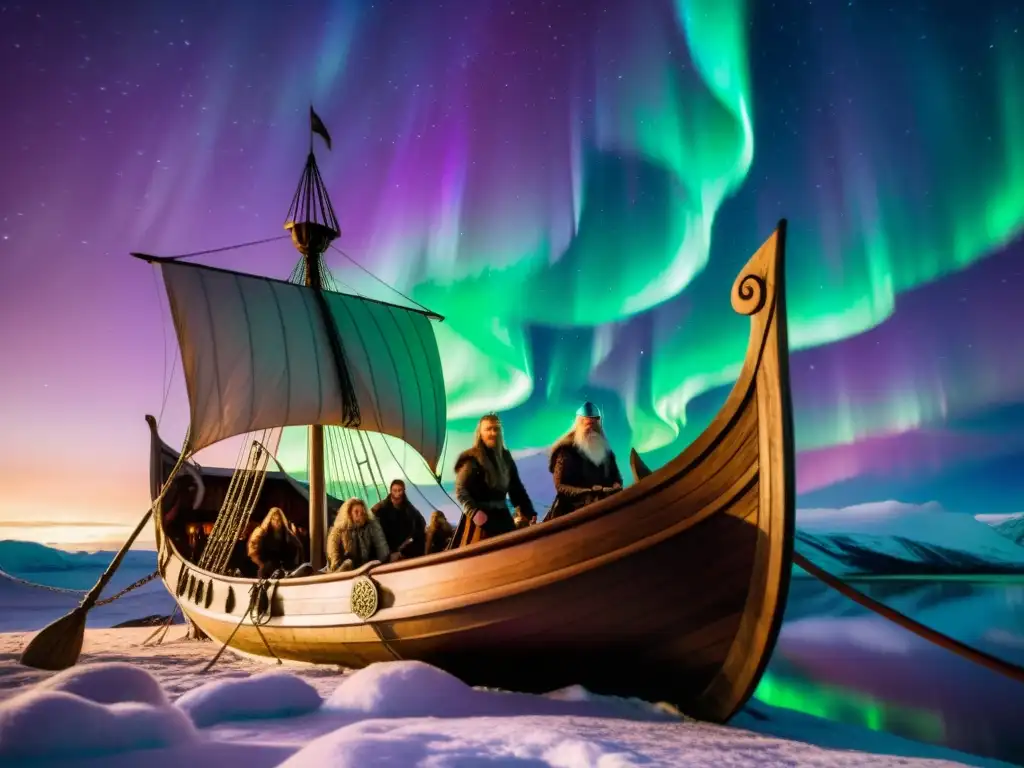 Un drakkar vikingo navega bajo auroras boreales con dioses nórdicos a bordo