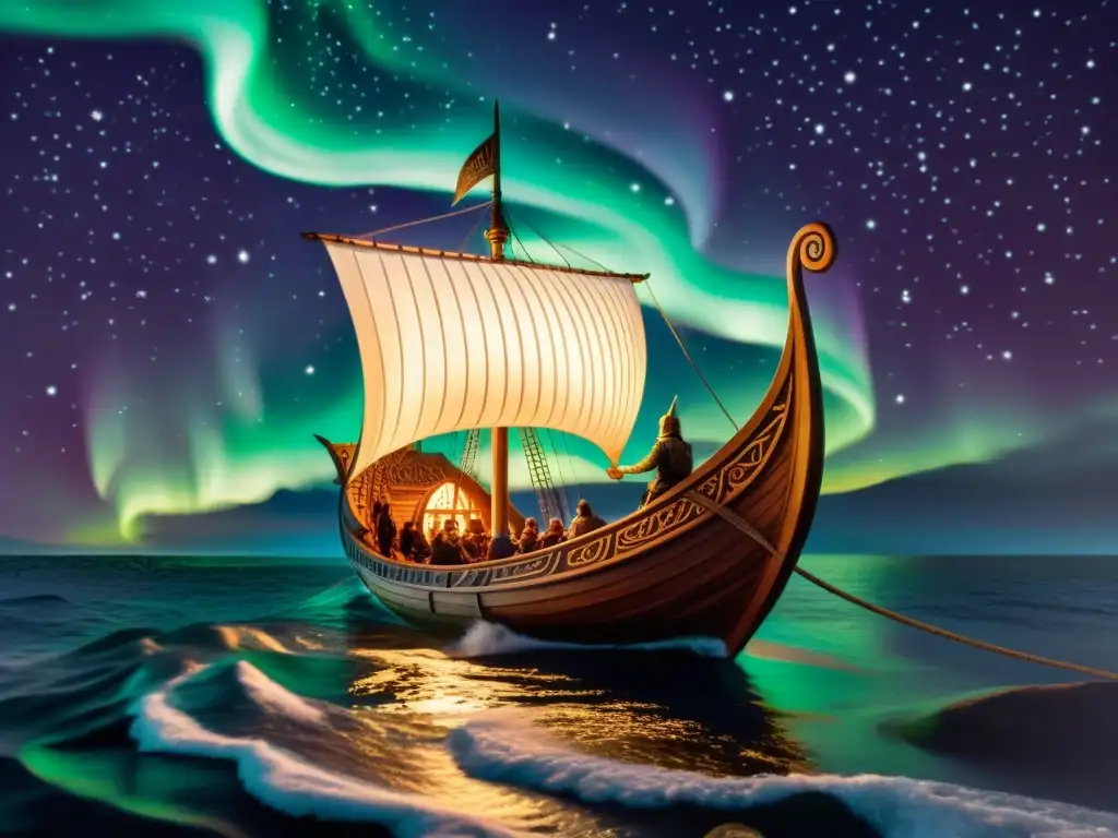 Vikingo navegando bajo auroras boreales con 'Secretos navegación estelar vikinga'