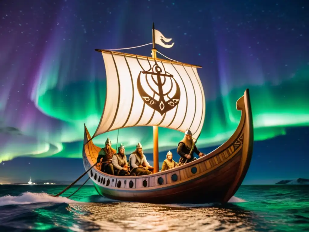 Un drakkar vikingo navega bajo las auroras boreales, con sincretismo religioso en símbolos y vestimenta