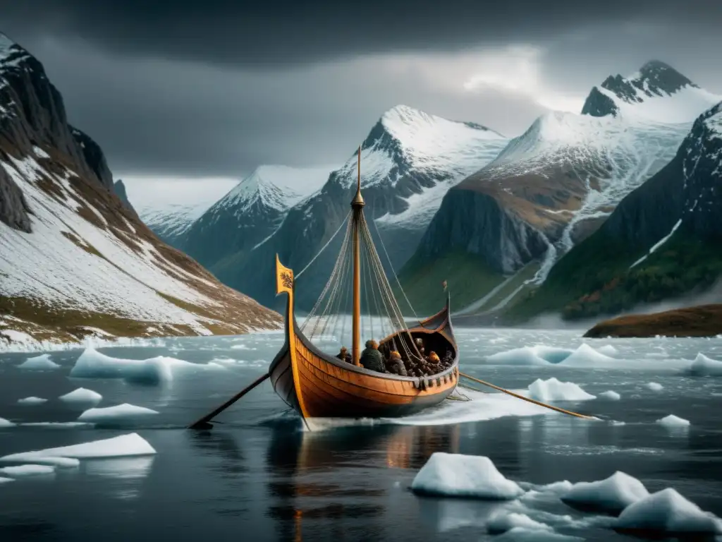 Vikingo navegando en barco por aguas heladas entre montañas nevadas bajo un cielo tormentoso