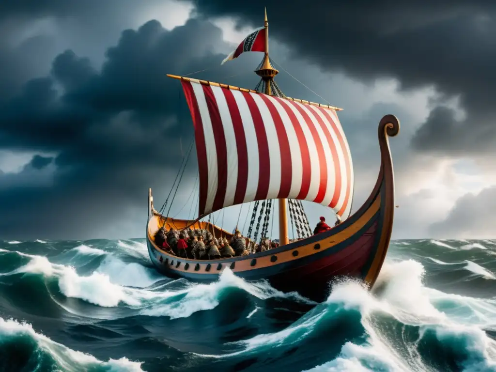 Un vikingo navegando en un barco en aguas turbulentas bajo un cielo tormentoso