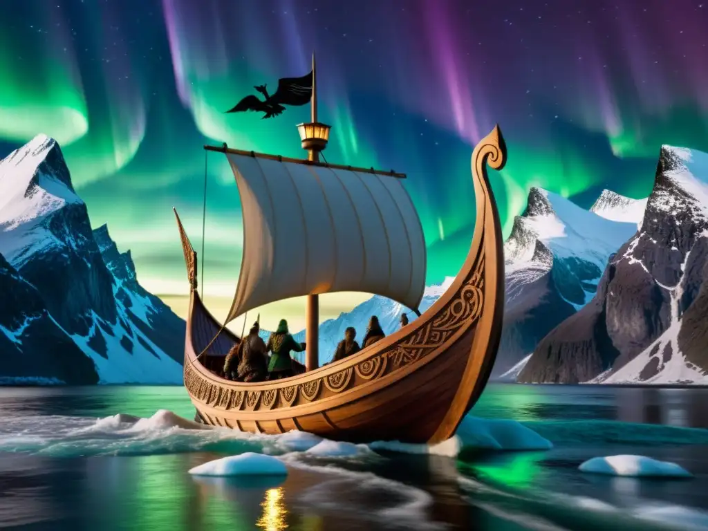 Vikingo navega en barco dragón bajo auroras boreales y montañas escandinavas: Origen mitos creación vikingos