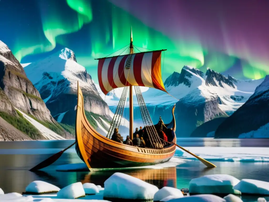 Épica travesía vikinga bajo la Aurora Boreal en un fiordo helado Vikingo en barco vela, navegando hacia la gloria en un rito de ascensión vikinga glorioso