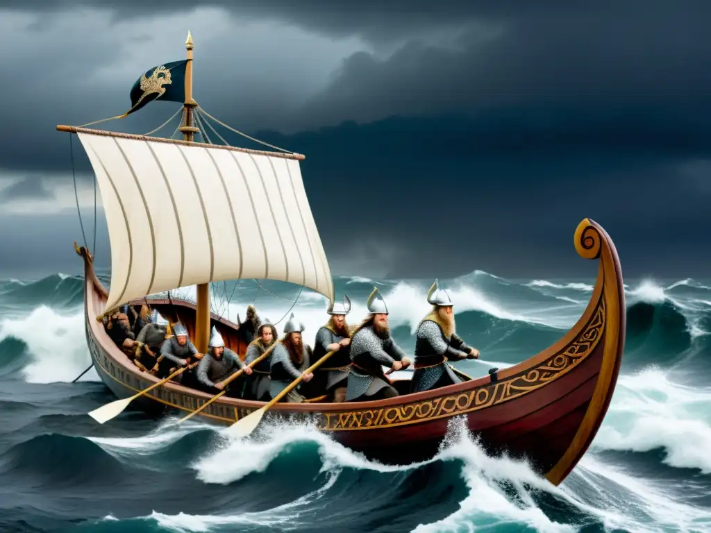 Un Vikingo navegando en un barco largo en mares turbulentos