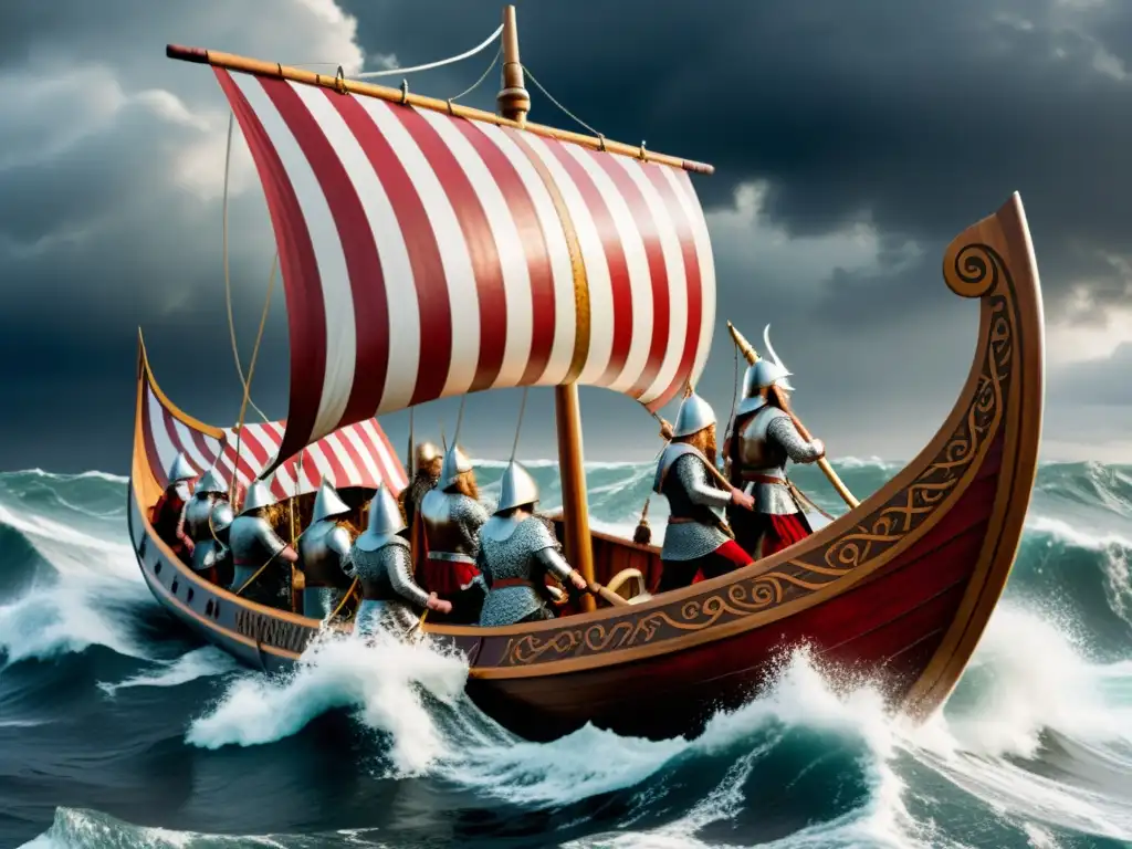 Un Vikingo navegando en un barco por mares turbulentos, guerreros preparados para la batalla