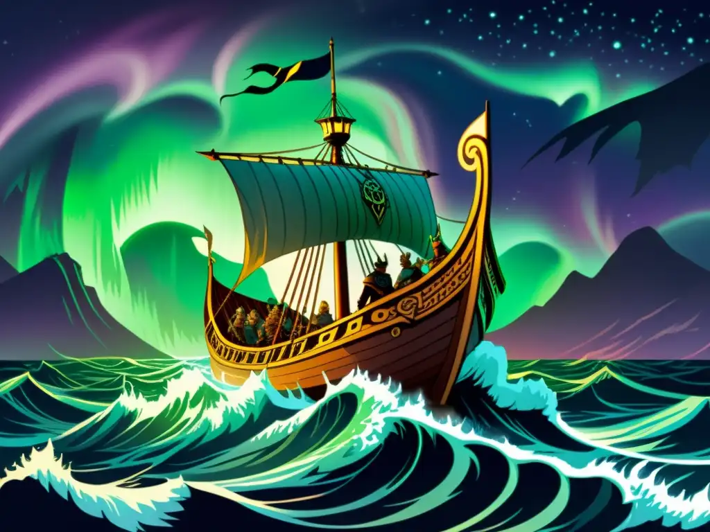 Un Vikingo navega en un barco durante una tormenta con auroras boreales, capturando la influencia vikinga en reinos nórdicos