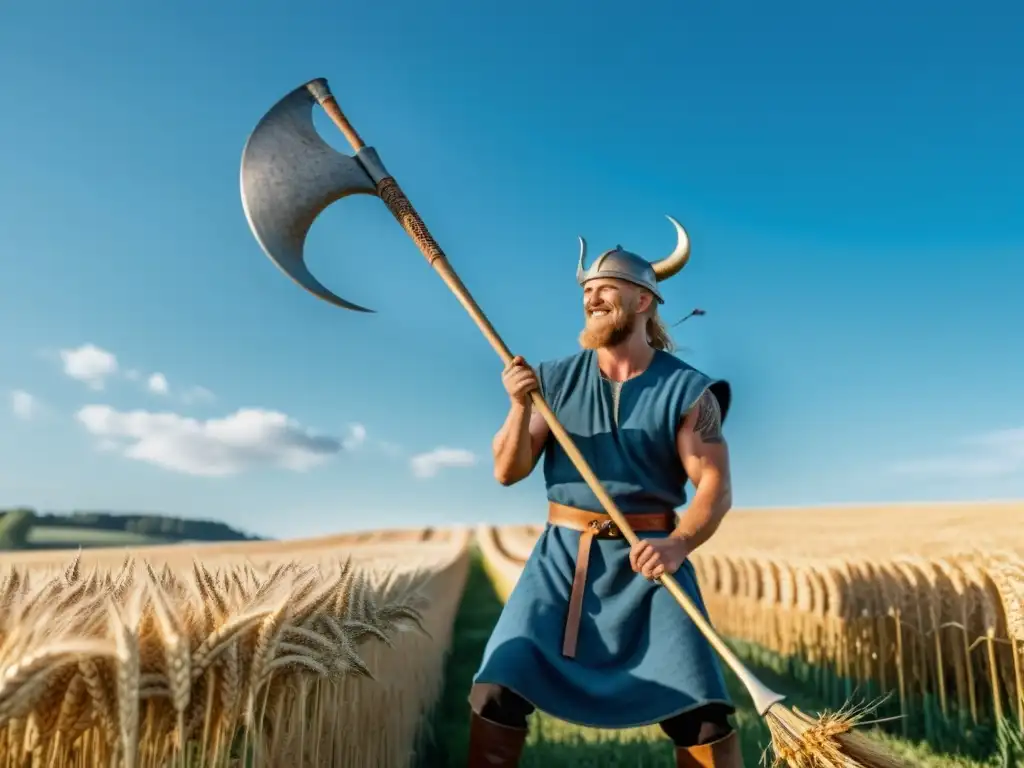 Vikingo en campo de trigo dorado, tocando instrumentos musicales mientras siega