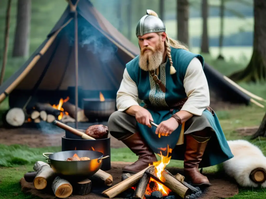 Vikingo cocinando carne en el bosque según dieta vikinga