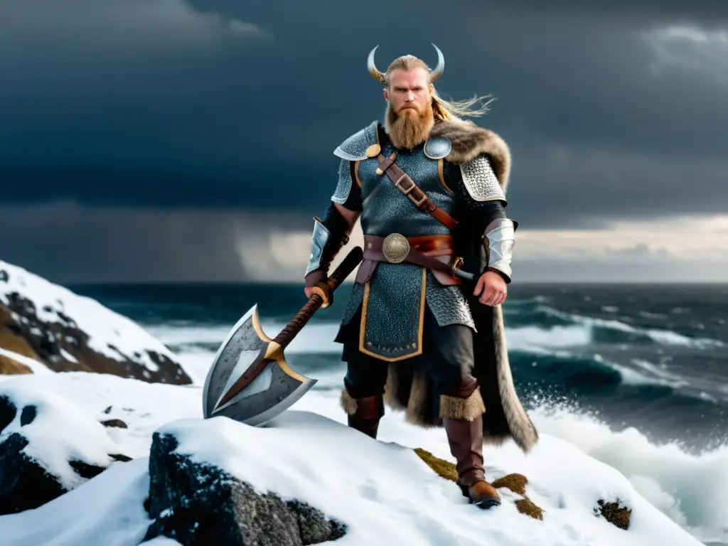 Vikingo en combate épico en la era vikinga, de pie en acantilado nevado con mar tormentoso al fondo