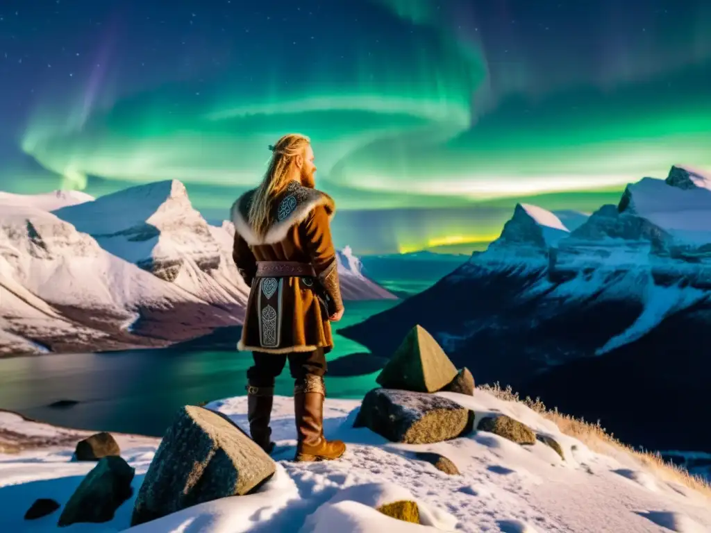 Vikingo contemplativo con runas nórdicas en paisaje místico bajo auroras boreales