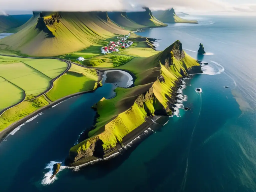 Vikingo colonizando la costa de Islandia, entre el mar azul y el verde paisaje, reflejo de mitos y sociedad