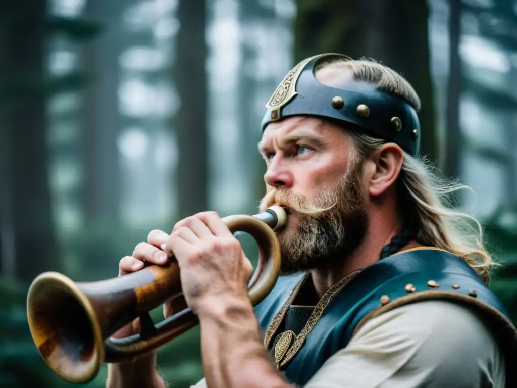 Un vikingo tocando un cuerno en un bosque nórdico, reflejando determinación y conexión con la música antigua