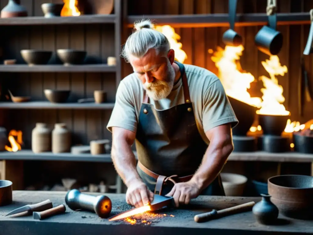 Un hábil herrero vikingo forja una daga Seax en su taller iluminado por brasas calientes