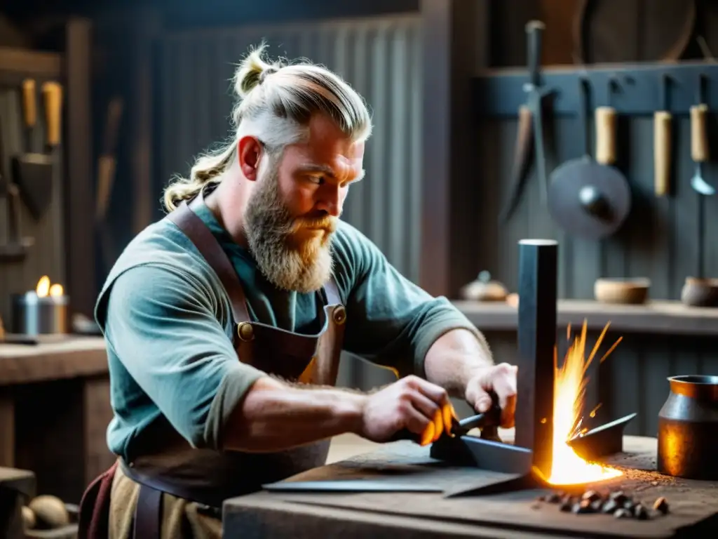 Un hábil herrero vikingo crea una decoración de metal rodeado de herramientas en su taller