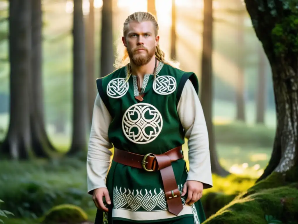 Un vikingo con detallada vestimenta y escudo en un bosque