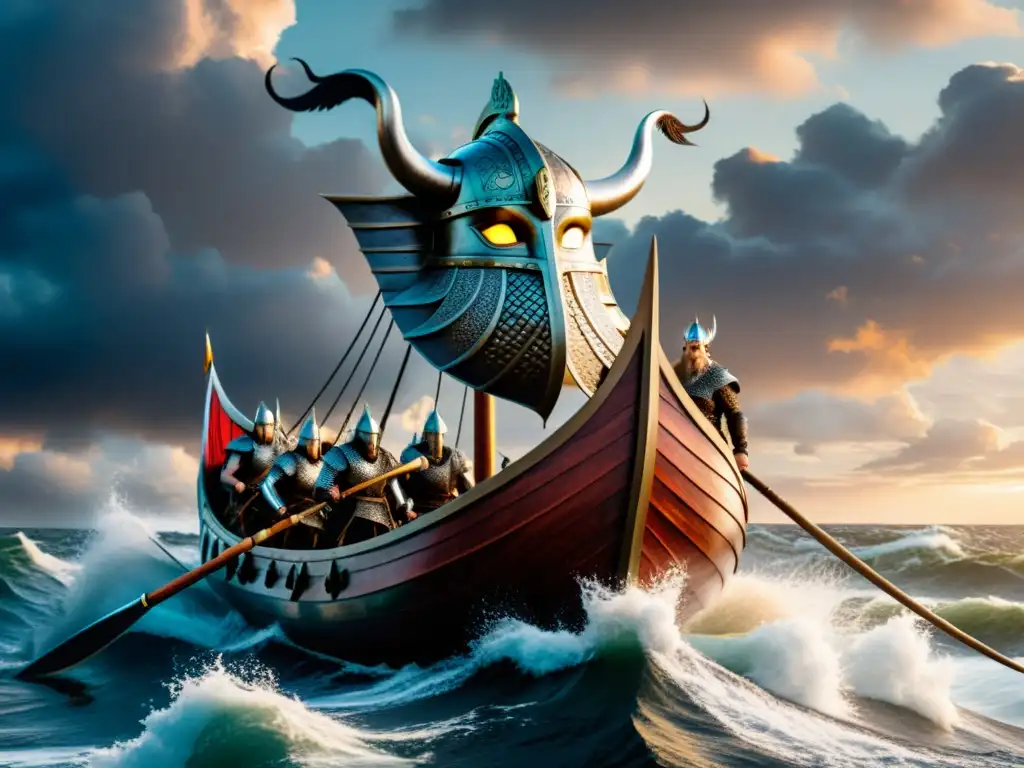 Un Vikingo de alta resolución y detallado, navegando hacia el horizonte bajo un cielo dramático, con un fiero dragón en la proa