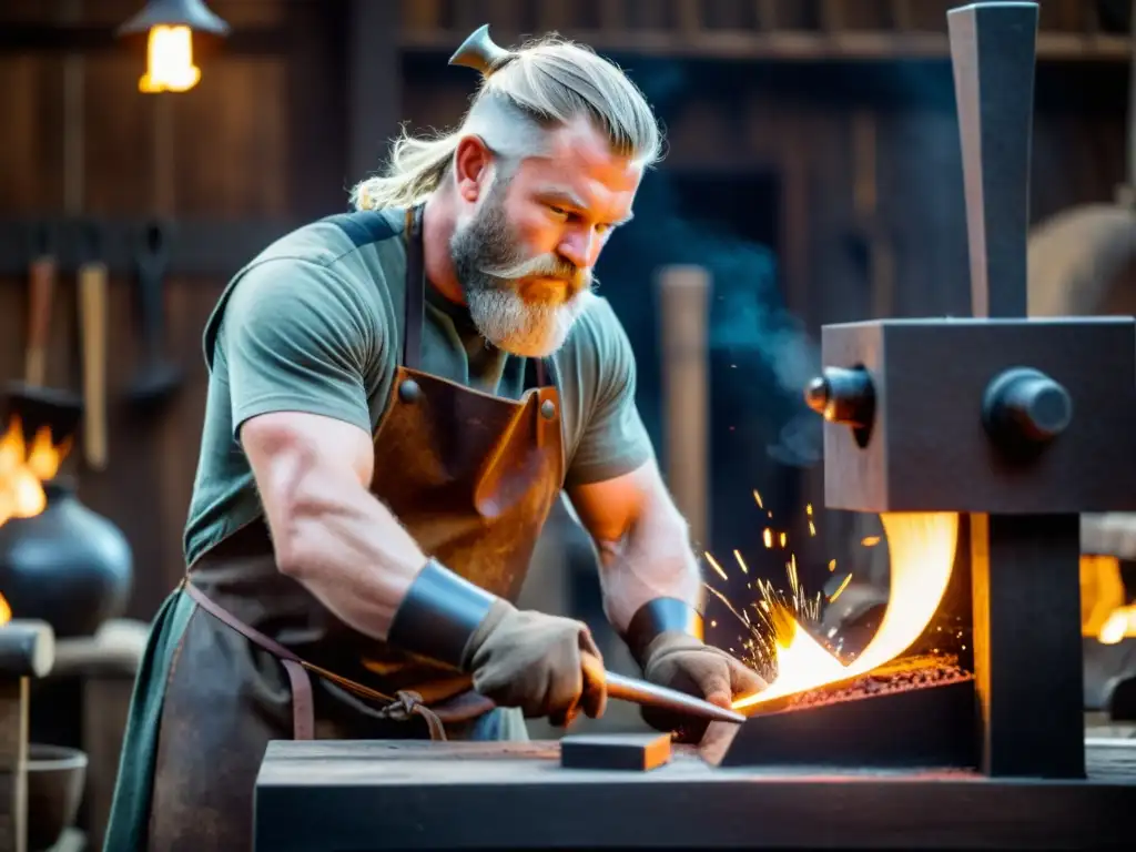 Un hábil herrero vikingo forja con detalle en metal al rojo, rodeado de herramientas