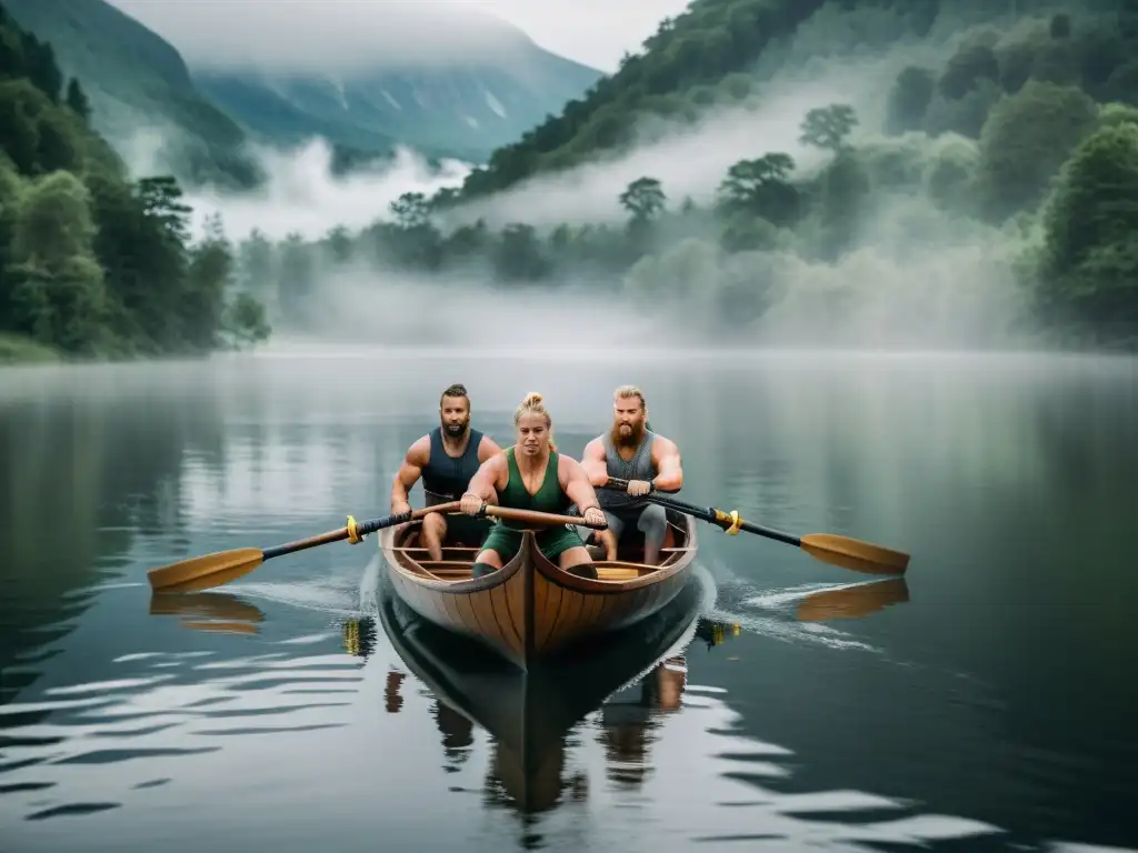 Régimen fitness vikingo 30 días: Vikingos reman con fuerza en un lago brumoso rodeado de bosques